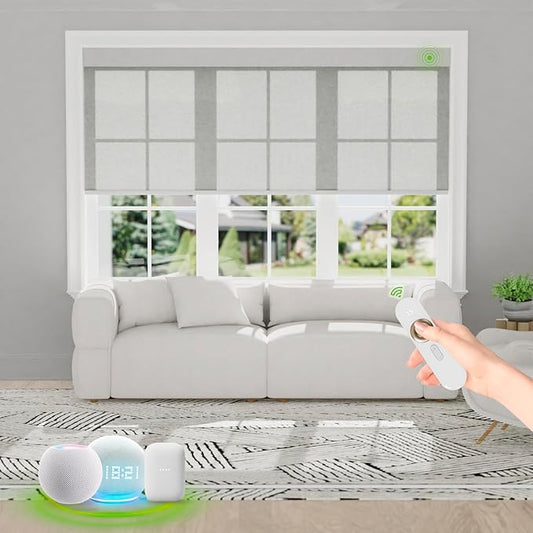 Motorized Blinds with Remote [Light Filtering] Smart Blinds Compatible with Alexa Google HomeKit, 60% Blackout Automatic Roller Shades for Indoor Windows, Customized Size, Pure Light Gray