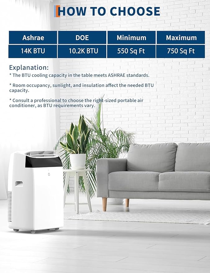 GarveeLife 14,000 BTU Portable Air Conditioners, 4 in-1 Free Standing Cooling AC Unit with Fan & Dehumidifier, Quiet Air Condicionado Cooling Up to 750 Sq.Ft, with Remote Control & 24H Timer Function