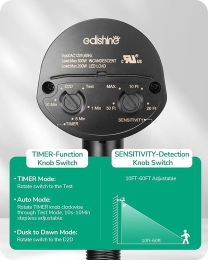 EDISHINE Motion Sensor, 180-Degree Replacement Motion Detector for Security Floodlights, Adjustable Time & Detection Sensitivity Range Up to 60 Feet, 3 Modes Pir Motion Sensor, Black, UL Listed