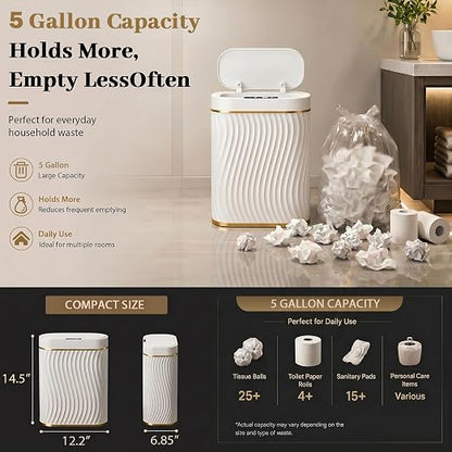 5 Gallon Automatic Bathroom Trash Can with Touchless Lid, White Gold