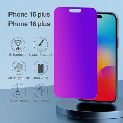 PDDKISS Compatible for iPhone 15 Plus/iPhone 16 Plus Privacy Screen Protector Tempered Glass 6.7 Inch, Purple Gradient Anti Spy Anti Blue Light HD Easy Installation