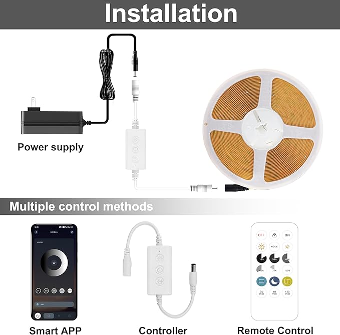 COB LED Strip Lights 9.84ft, 3000K Warm White LED Light Strip, DC24V Tape Light, CRI93+, Bluetooth App Control, Dimmable LED Strips for Bedroom,Cabinet,Living Room.