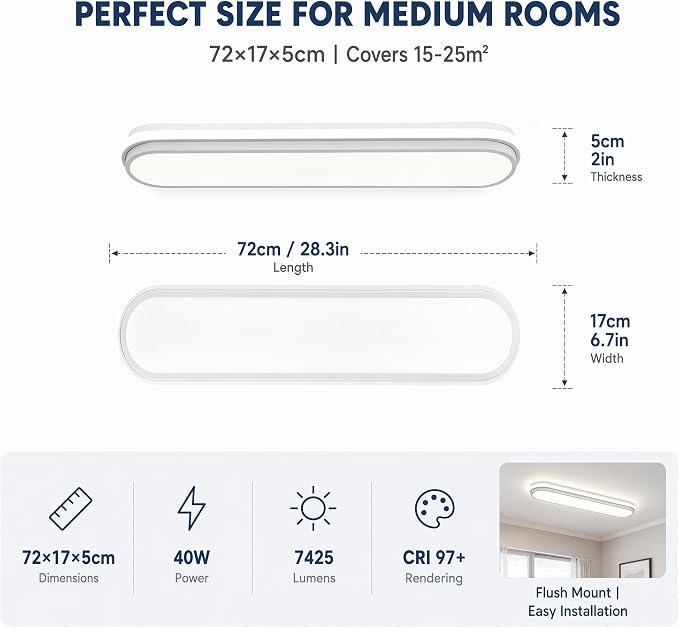 28.3 Inch Modern Smart LED Ceiling Light,40W High Brightness Linear Flush Mount Light Fixture,Dimmable Long Led Ceiling Lamp with Remote Control for Kitchen,Garage,Hallway,Laundry,Study Room