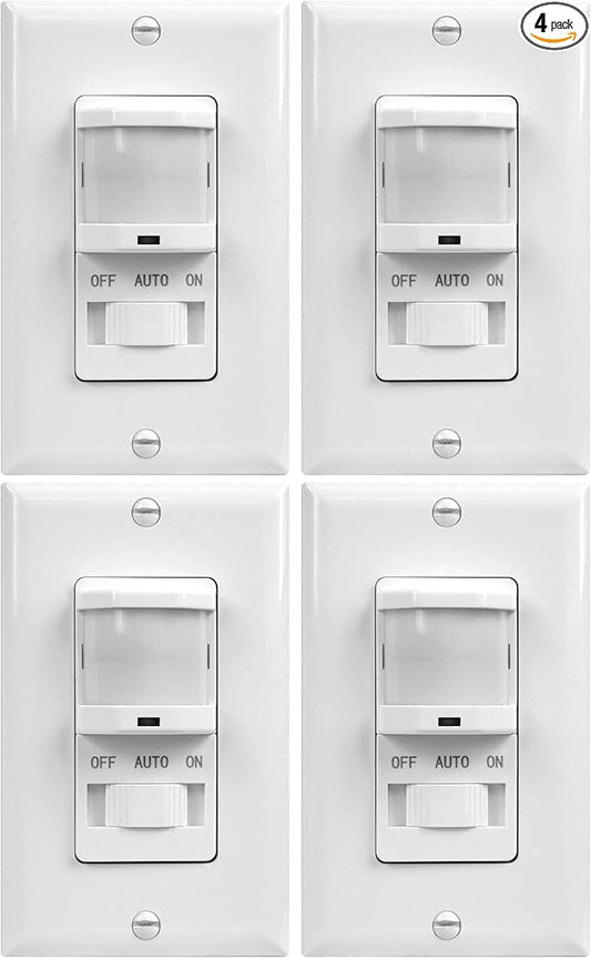 TOPGREENER in-Wall PIR Motion Sensor Light Switch, Motion Sensor Switch, Occupancy Sensor Switch, On/Off Override, 4A, 500W, Single Pole, 𝐍𝐞𝐞𝐝 𝐍𝐞𝐮𝐭𝐫𝐚𝐥 𝐖𝐢𝐫𝐞, TSOS5, White, 4 Pack