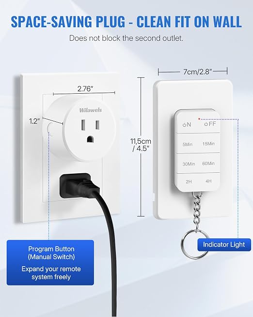 Remote Control Outlet with Timer, WILAWELS Indoor Outlet Timer with Remote, 100FT Wireless Control Range, 15A/1875W, Remote Outlet Switch Countdown Time for Household Appliances W13RC1106