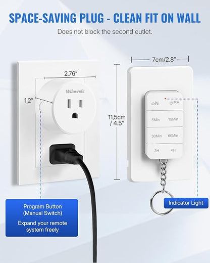 Remote Control Outlet with Timer, WILAWELS Indoor Outlet Timer with Remote, 100FT Wireless Control Range, 15A/1875W, Remote Outlet Switch Countdown Time for Household Appliances W13RC1106