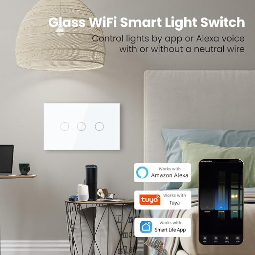 Smart Switch Neutral Wire Optional,APP Control,White 3 Button | 4.65 X 2.83 X 1.34 Inches,Only 2.4GHz Wi-Fi,Voice Control,Work with Tuya/Smart Life/Alexa,Tempered Glass Panel