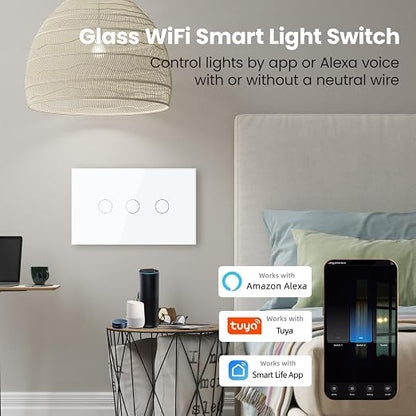 Smart Switch Neutral Wire Optional,APP Control,White 3 Button | 4.65 X 2.83 X 1.34 Inches,Only 2.4GHz Wi-Fi,Voice Control,Work with Tuya/Smart Life/Alexa,Tempered Glass Panel