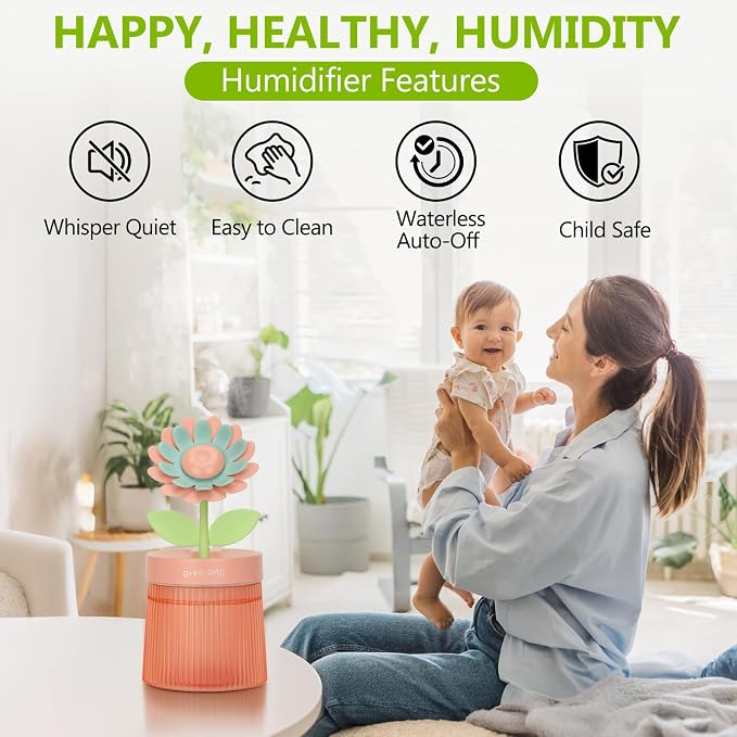 Cute Flower Mini Humidifier, Small Cool Mist Desk Humidifiers, Portable USB Personal Desktop Plant Humidifiers, Cooling for Home Office Car Travel Indoor Outdoor (260ml, Pink Sunflower)