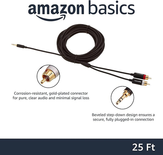Amazon Basics 3.5mm Stereo Audio Cable to 2 RCA Adapters for Amplifiers, Smartphone, Tablet, Active Speakers with Corrosion-Resistant Gold-Plated Plugs, 25 Feet/7.6 m, Black