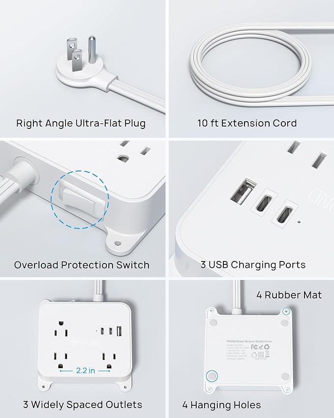 TROND Ultra Flat Plug Power Strip - Extension Cord 10FT with 3 USB Chargers, Power Strip with Long Cord, 3 Widely Outlets Charging Station, Wall Mount for Home Dorm Room Essentials