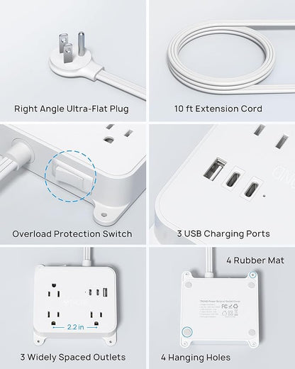 TROND Ultra Flat Plug Power Strip - Extension Cord 10FT with 3 USB Chargers, Power Strip with Long Cord, 3 Widely Outlets Charging Station, Wall Mount for Home Dorm Room Essentials