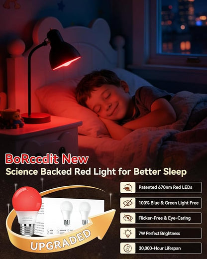 BoRccdit 670nm Red Light Bulbs for Sleep, Lab-Certified Deep Red Light Bulb 100% Blue Light Blocking, A15 7W Dim Red LED Night Light Bulb for Bedroom, Baby Nursery, Read (2PK, White Shell, Red Glows)