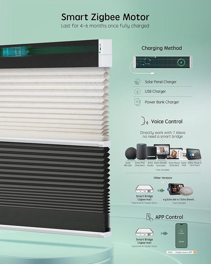 Yoolax Smart Motorized Day and Night Cellular Shades with Remote, Top Down Bottom Up Blinds Compatible with Alexa, Blackout and Light Filtering Honeycomb Blinds (Black)