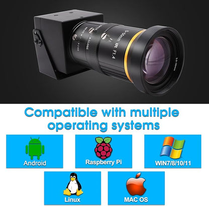 4K Monitor Port USB Camera Simultaneous Streaming Webcam Video Recording Zoom Type C Camera with 5-50mm Manual Varifocal Lens for Live Streaming, Computer, Laptop, Raspberry Pi, Windows,Linux