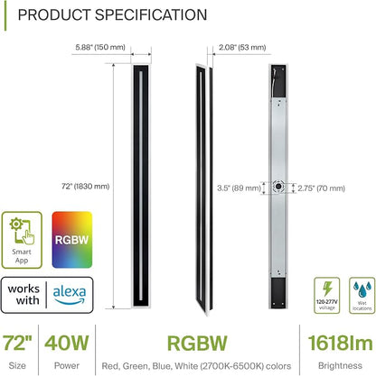 ASD LED 72" Long Wall Mount Light Fixture, Outdoor & Indoor Linear Sconce | RGBW, Smart, Waterproof, Anti-Rust, ETL Listed | 40W 1600LM 2700-6500K 100-277V | Exterior Porch Lighting | Black