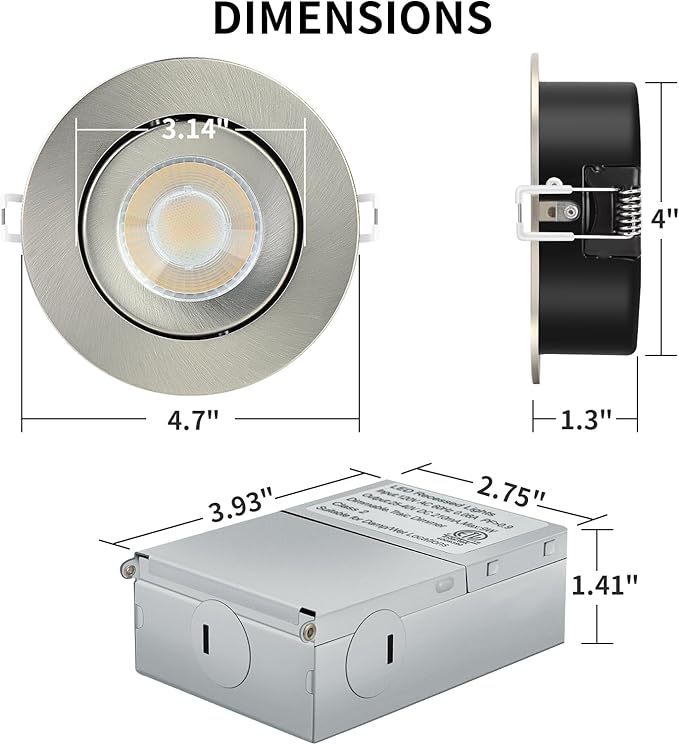 KnLnny Ware Brushed Nickel 4 Inch Recessed Lights with Night Light 6 Pack,Ajustable Recessed Lights,spot Lights Indoor with Junction Box,5CCT Selectable,9W 750LM,Dimmable