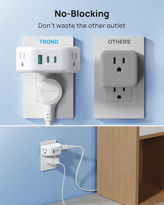 TROND Multi Plug Wall Outlet with USB C PD 20W, 2 AC Sockets | 3-Side Design Wall Outlet Extender, for Home Office Cruise Travel Essentials, White