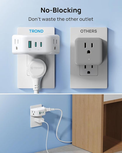 TROND Multi Plug Wall Outlet with USB C PD 20W, 2 AC Sockets | 3-Side Design Wall Outlet Extender, for Home Office Cruise Travel Essentials, White