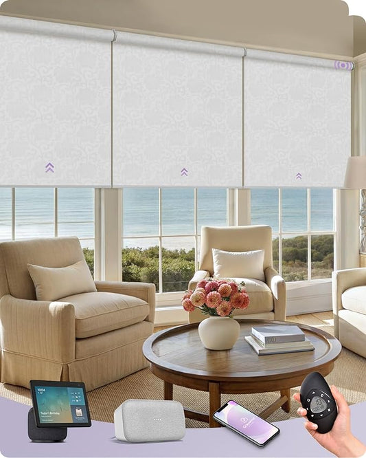Graywind Smart Coupled Roller Shades Compatible with Alexa Google Custom Size Extra Large Motorized Blinds for Windows(Floral Jacquard White)
