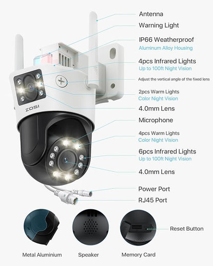 ZOSI C298 SE 6MP Dual-Lens(4MP+2MP) Wired WiFi PT Plug-in Security Camera Outdoor, 360 View Pan/Tilt Camera, Human/Vehicle Detect, Color Night Vision, Spotlight Siren,Two-Way Talk, memory card Storage