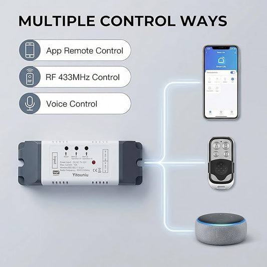2 Channel Tuya Smart Life WiFi Momentary Inching Self-Locking Interlock Relay Switch Module,DC 7-32V Wireless Remote Control with RF Bluetooth, Compatible with Alexa Goolge Home (2CH)