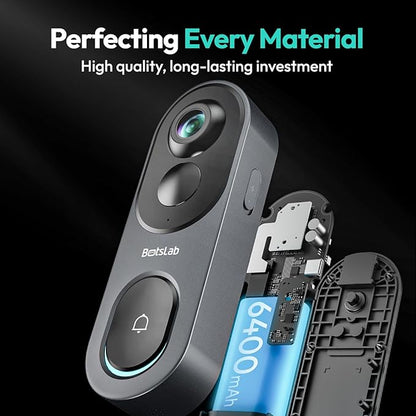 BOTSLAB 5MP Doorbell Camera Wireless with Solar Panel, Nonstop Power Video Doorbell with Head-to-Toe View, No Subscription, AI Motion Detection, VR Mode, 6400mAh Battery, 2.4Ghz WiFi