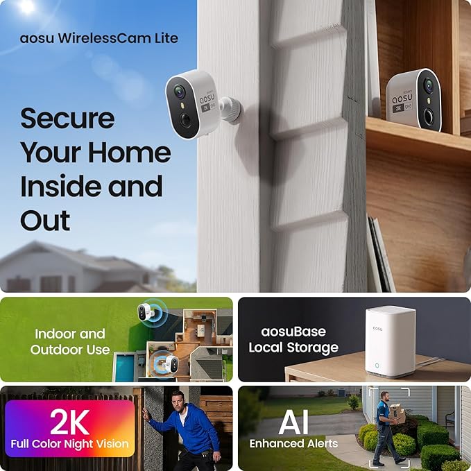 aosu Security Cameras Wireless Outdoor Home System, True 2K HD, Color Night Vision, Long Battery Life, Spotlight & Siren Alarm, Motion Detection, No Subscription Required, 2-Cam-Kit