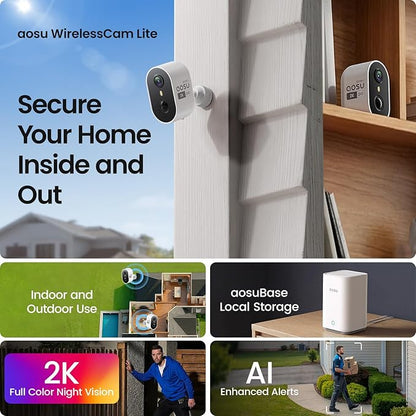 aosu Outdoor Security Cameras Wireless Home Surveillance System with aosuBase, Battery Powered, Cross-Camera Tracking, True 2K HD Color Night Vision, Spotlight, Motion Alert, Easy Setup, 6-Cam-Kit