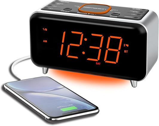 Emerson CKS1521-A SmartSet Bluetooth Dual Alarm Clock Radio with 1.4” Orange LED Display, Auto Time-Set, USB Phone Charger, FM Radio, AUX Input, Auto-Dimmer & Orange Accent Light