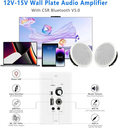 6.5'' Bluetooth in Ceiling Speakers with Wall Amplifier Receiver 600W Flush Mount Ceiling & in-Wall Speaker System for Home Theater Office Bathroom Living Room Kitchen(2Pairs)