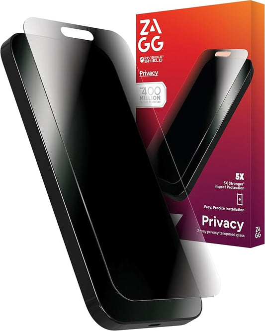 ZAGG Glass Elite Privacy Screen Protector for iPhone 16 Plus / 15 Plus - 2-Way Privacy Filter, Ultra-Strong Tempered Glass, 5X Stronger, Smudge-Free, Easy Install, InvisibleShield, Recycled Content