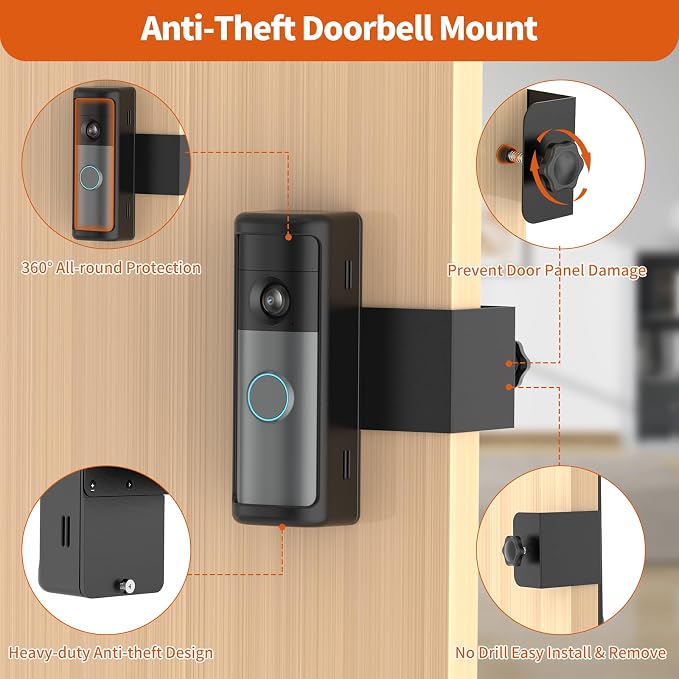 No-Drill R-ing Doorbell Mount with Rain Cover, Anti-Theft Door Bracket Compatible with Ring/Other Battery Doorbell/Plus/Pro(2026 Newest Model),Quick Install Doorbell Camera Holder for Rental Apartment