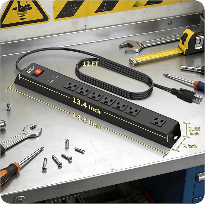 ZESEN 7 Outlet Metal Long Power Strip with Overload Protection & 1500J Surge Protection, 12ft Cord Wall Mounted Industrial Power Strip for Office Workshop Garage, ETL Listed(15A/1875W), Black