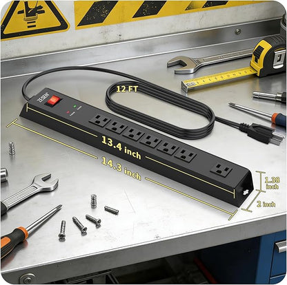 ZESEN 7 Outlet Metal Long Power Strip with Overload Protection & 1500J Surge Protection, 12ft Cord Wall Mounted Industrial Power Strip for Office Workshop Garage, ETL Listed(15A/1875W), Black