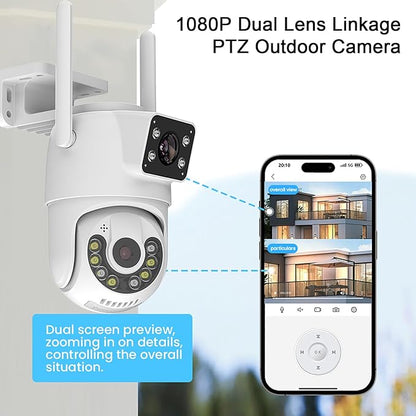 1080P PTZ Outdoor Security Camera, Dual Lens Linkage Wireless WiFi Cameras for Home Security, 360° View Auto Tracking Surveillance Camera with Human Detection, Color Night Vision, Two-Way Audio