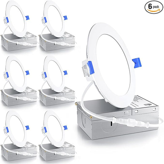 Ensenior 6 Pack 4 Inch LED Recessed Light, Dimmable, 6000K Clear White, 750LM High Brightness, 9W 120V, Damp Rated, Ultra-Thin Canless Wafer Ceiling Light - ETL & FCC & IC