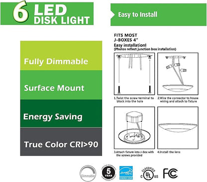 7.5" Flush Mount Ceiling Light, Dimmable LED Disk & Ceiling Lights,16.5W (120W Equivalent), 120V, 5000K, ETL - 4/6" J-Box, Wet Location LED Lights, Light Fixtures (Bright White)