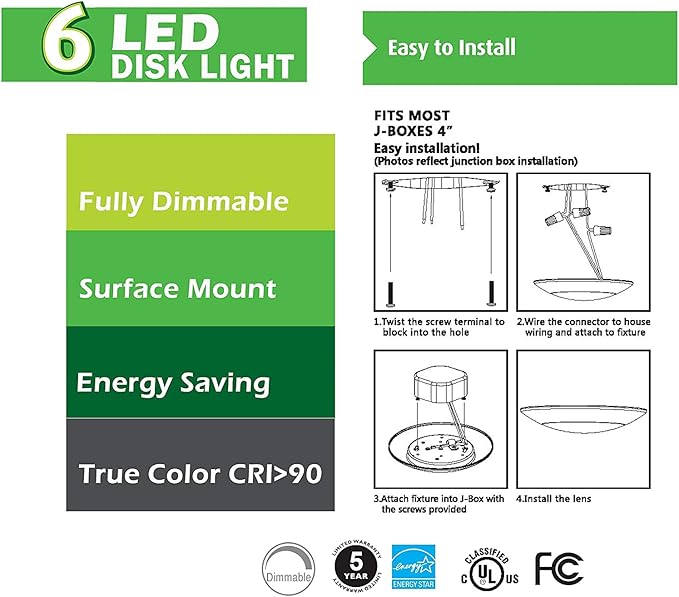 7.5" Flush Mount Ceiling Light, Dimmable LED Lights, Disk Lights, Ceiling Light Fixture, 16.5W (120W Equivalent), 120V, 4000K, ETL, Wet Location LED Light - 4/6" J-Box (Natural White)