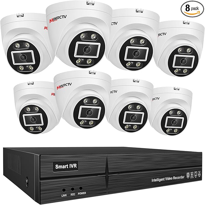 MWRCTV 4K PoE Security Camera System,8 X 8MP Wired Dome PoE Cameras for Home Security,2.8mm Wide Angle Lens,Smart Dual Light,AI Human/Vehicle Detection,8 Port 16CH 4K NVR(NO HDD Include)