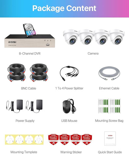 ZOSI H.265+ 8CH 5MP Lite DVR Kit with 1TB Hard Drive and 4 Outdoor Cameras, Motion Detection & Instant Alerts, Remote Access