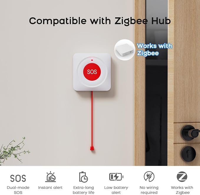 Tuya Zigbee Call Button for Elderly Caregiver Wireless Life Alert Caregiver Call Button App Notification Emergency Button SOS Alarm Bell for Seniors Waterproof No Monthly Fee