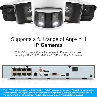 Anpviz AI 12MP 8CH POE NVR (12MP/8MP/6MP/5MP/4MP) Smart AI POE Network Video Recorder - Supports up to 8 x 12MP POE Cameras, 8-Channel Power Over Ethernet (Not Included HDD) NVR7608Q1-8P (H Series)