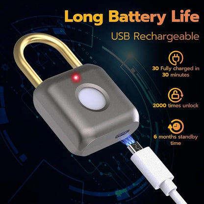 Pothunder Fingerprint Padlock, Smart Padlock, Locker Lock, Biometric Keyless Fingerprint Lock for Gym Locker, Toolbox, Locker, Door, Luggage, Backpack(Gray)