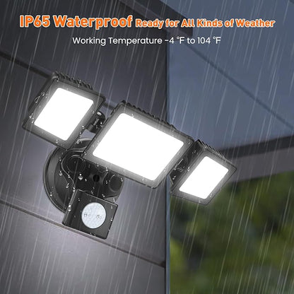 ALUSSO Motion Sensor Outdoor Lights 120V, 36W 3000LM Flood Lights Outdoor Motion Sensor with Remote, Dimmable Brightness 3000K-6000K CCT IP65 3 Heads Outdoor Flood Light for House Garage 2 Pack