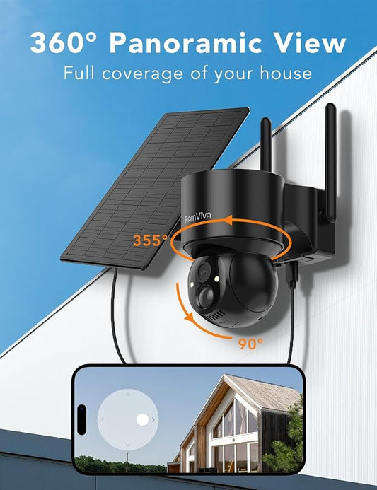 2K Solar Security Cameras Wireless Outdoor, 360°PTZ Battery Powered Cameras for Home Security, 2.4G WiFi Outdoor Camera with Color Night Vision, IP66 Waterproof, Motion Sensor Alarm, Black-2P