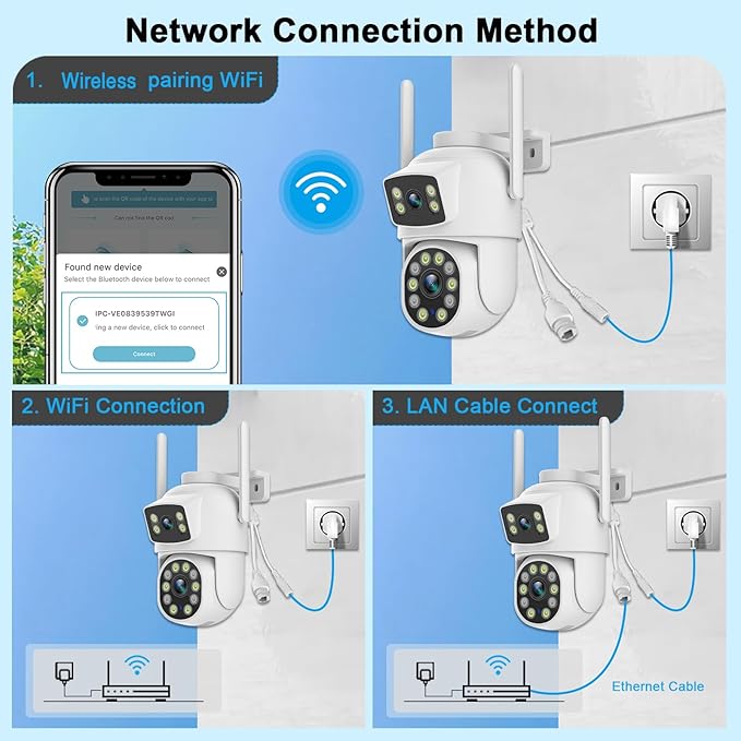 2K Dual Lens Outdoor Security Camera, 360° View Pan/Tilt 2.4G WiFi Wireless Linkage Cameras for Home Security, Home Surveillance Camera with Auto Tracking, Color Night Vision, Two-Way Audio