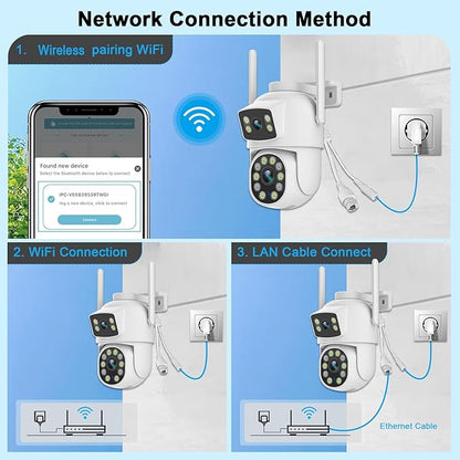 2K Dual Lens Outdoor Security Camera, 360° View Pan/Tilt 2.4G WiFi Wireless Linkage Cameras for Home Security, Home Surveillance Camera with Auto Tracking, Color Night Vision, Two-Way Audio