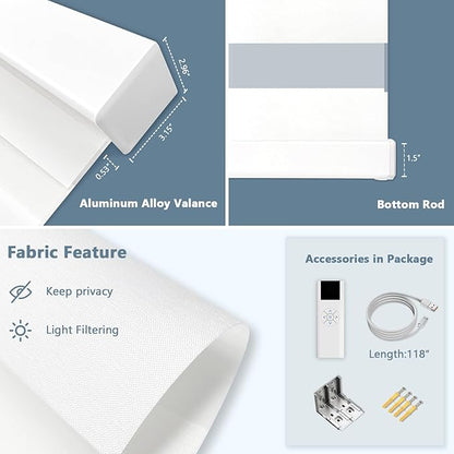 Motorized Zebra Blinds for Windows Cordless Electric Curtains with Remote Control Blackout Shades Custom Smart Blinds Compatible with Alexa Google Home(Light Filtering White,W28 X 72in)