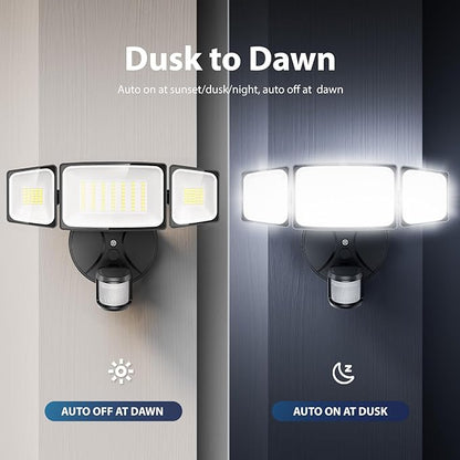 Onforu 3 Pack 75W Motion Sensor Outdoor Lights, 7000lm Dusk to Dawn Flood Light, LED Security Light with 3 Head, IP65 Waterproof Exterior Floodlight, 6500k Wall Light for Entryway Stairs Yard Garage